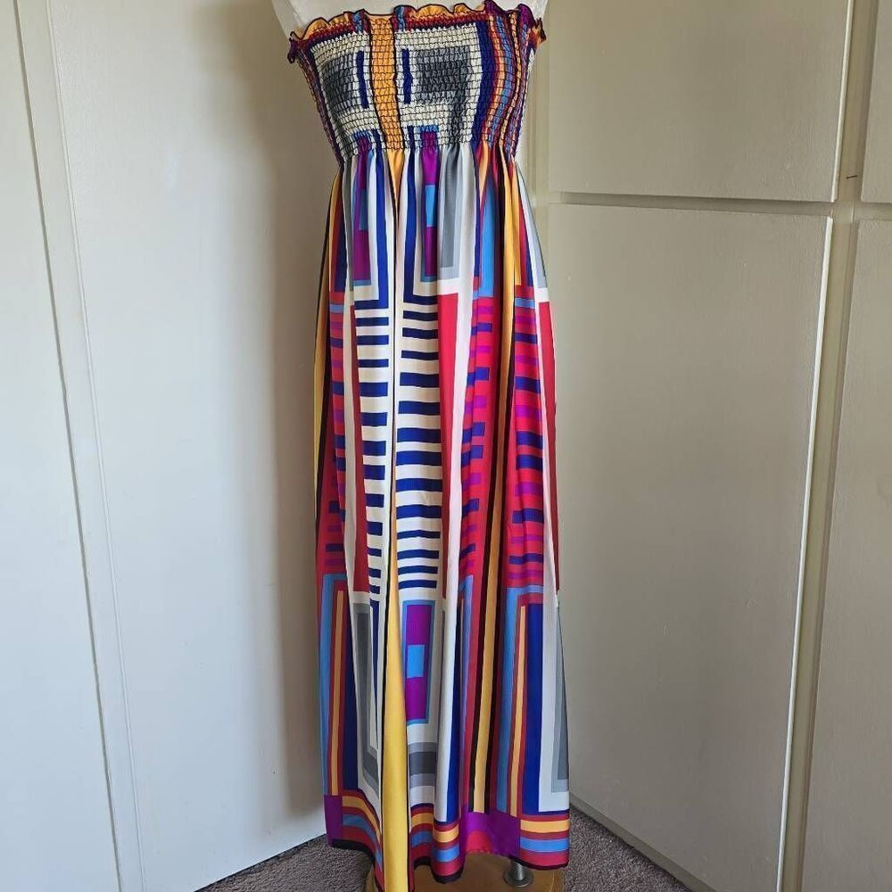 Rubber Ducky Productions, Inc. Vtg. Strapless Sundress,Geometric Prt.,L, EUC